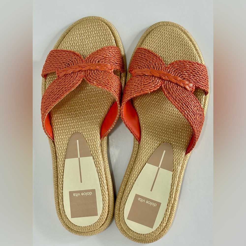 DOLCE VITA Raffia Bow Slide Sandals Orange & Cream NWOT Size 7.5